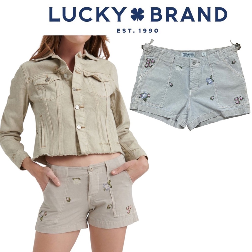 LUCKY BRAND Y2K Embroidered Floral Dove Beige Jean Shorts Cargo Khaki Size 10/30